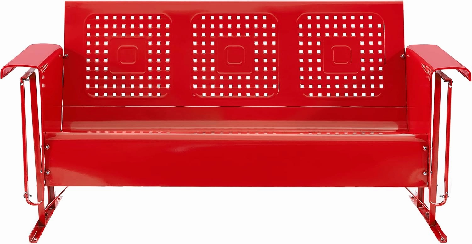 Crosley Furniture Bates Retro Metal Outdoor Sofa Glider, 3-Person Rocking Patio Bench for Porch, Deck, Bright Red Gloss