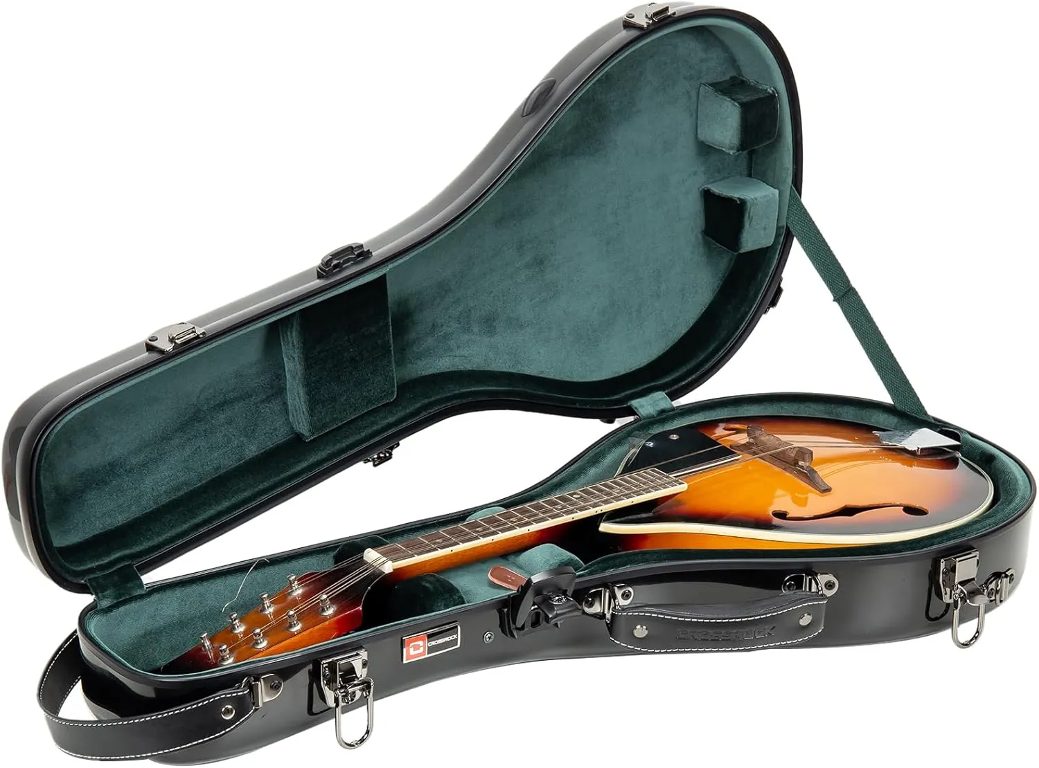 Crossrock Fiberglass Mandolin Case – Contoured for F-Style (Fits Gibson F5) | Black Gloss, Forest Green Velvet, TSA Lock, Accessory Compartment, Backpack Straps – Sleek Pro Travel Case