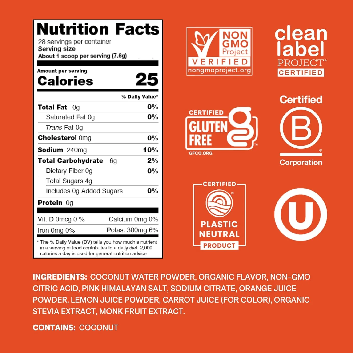 Cure Hydration | Plant-Based Electrolyte Drink Mix | No Added Sugar | Dehydration Relief Powder Made with Coconut Water | Non-GMO | Vegan | 28 Servings Jar - Blood Orange
