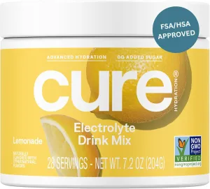 Cure Hydration | Plant-Based Electrolyte Drink Mix | No Added Sugar | FSA & HSA | Dehydration Relief Powder Made with Coconut Water | Non-GMO | Vegan | 28 Servings Jar - Lemonade