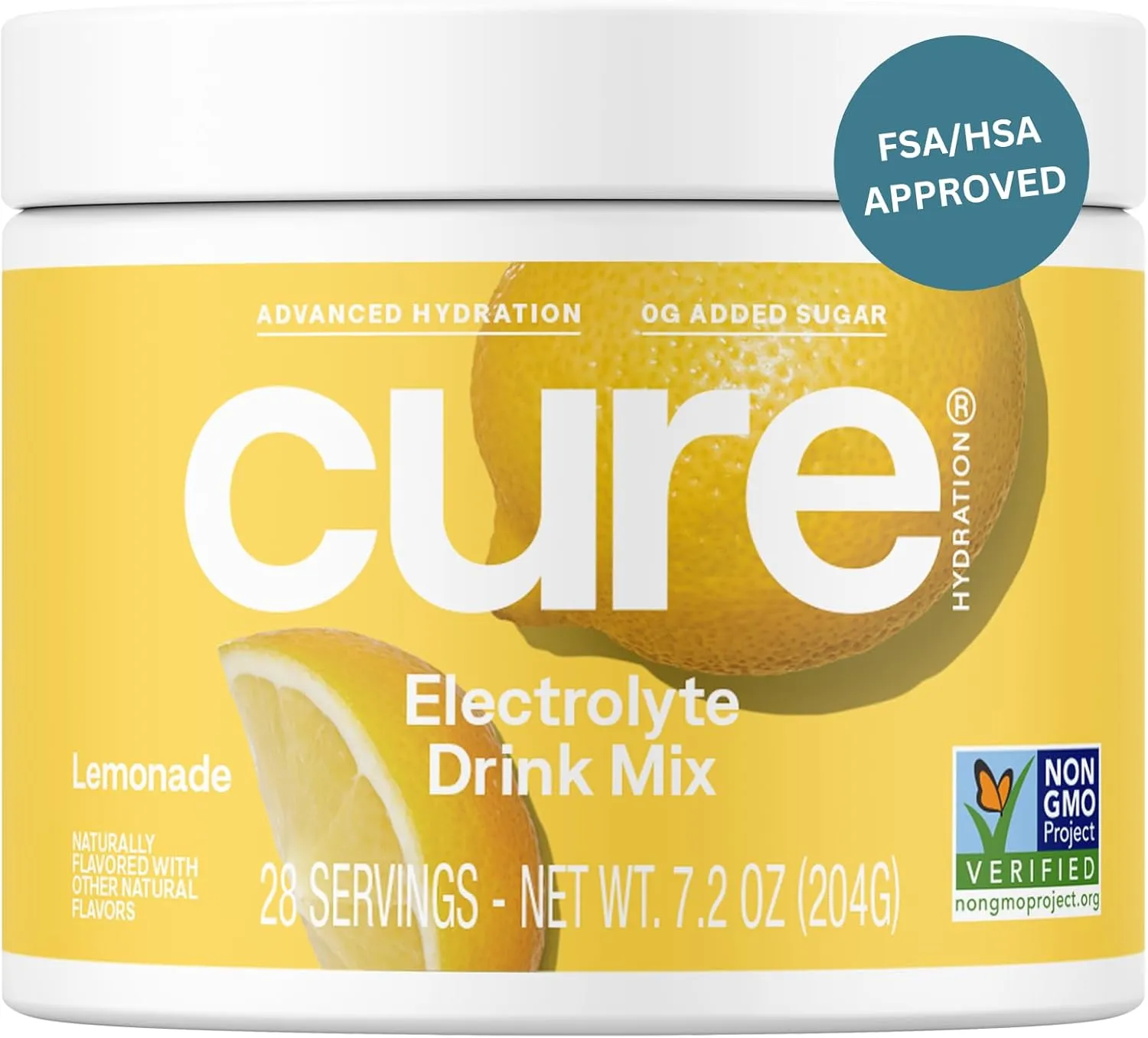Cure Hydration | Plant-Based Electrolyte Drink Mix | No Added Sugar | FSA & HSA | Dehydration Relief Powder Made with Coconut Water | Non-GMO | Vegan | 28 Servings Jar - Lemonade