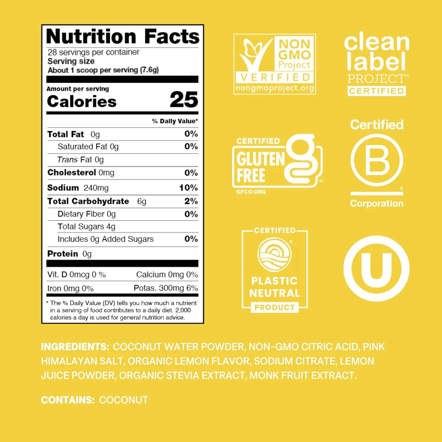 Cure Hydration | Plant-Based Electrolyte Drink Mix | No Added Sugar | FSA & HSA | Dehydration Relief Powder Made with Coconut Water | Non-GMO | Vegan | 28 Servings Jar - Lemonade