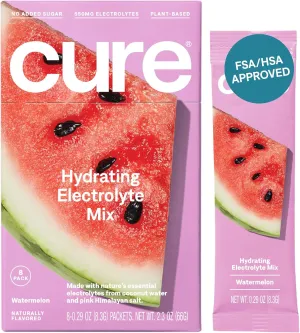 Cure Hydration | Plant-Based Electrolyte Drink Mix | No Added Sugar | FSA & HSA | Dehydration Relief Powder Made with Coconut Water | Non-GMO | Vegan | Box of 8 Packets - Watermelon