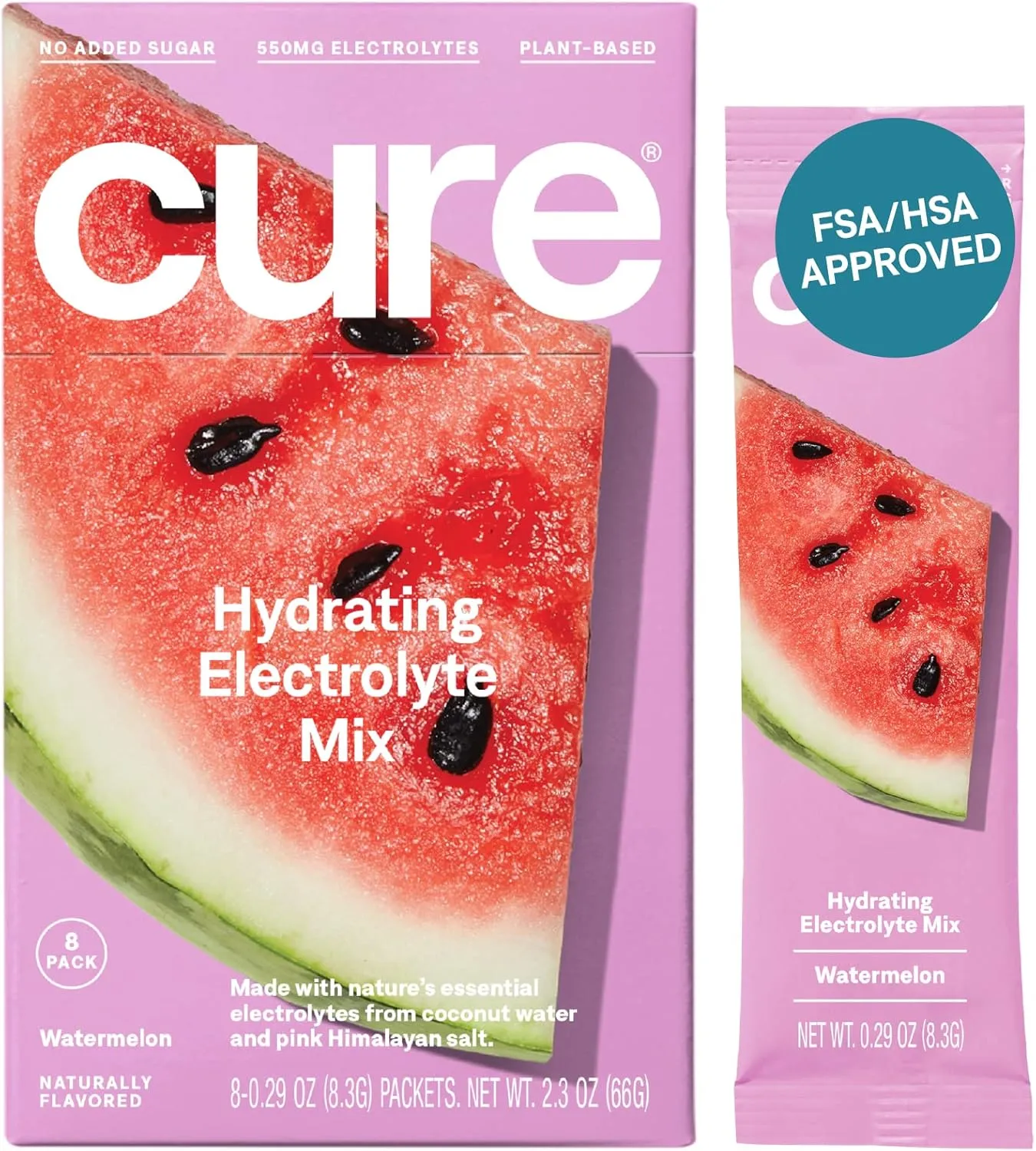 Cure Hydration | Plant-Based Electrolyte Drink Mix | No Added Sugar | FSA & HSA | Dehydration Relief Powder Made with Coconut Water | Non-GMO | Vegan | Box of 8 Packets - Watermelon