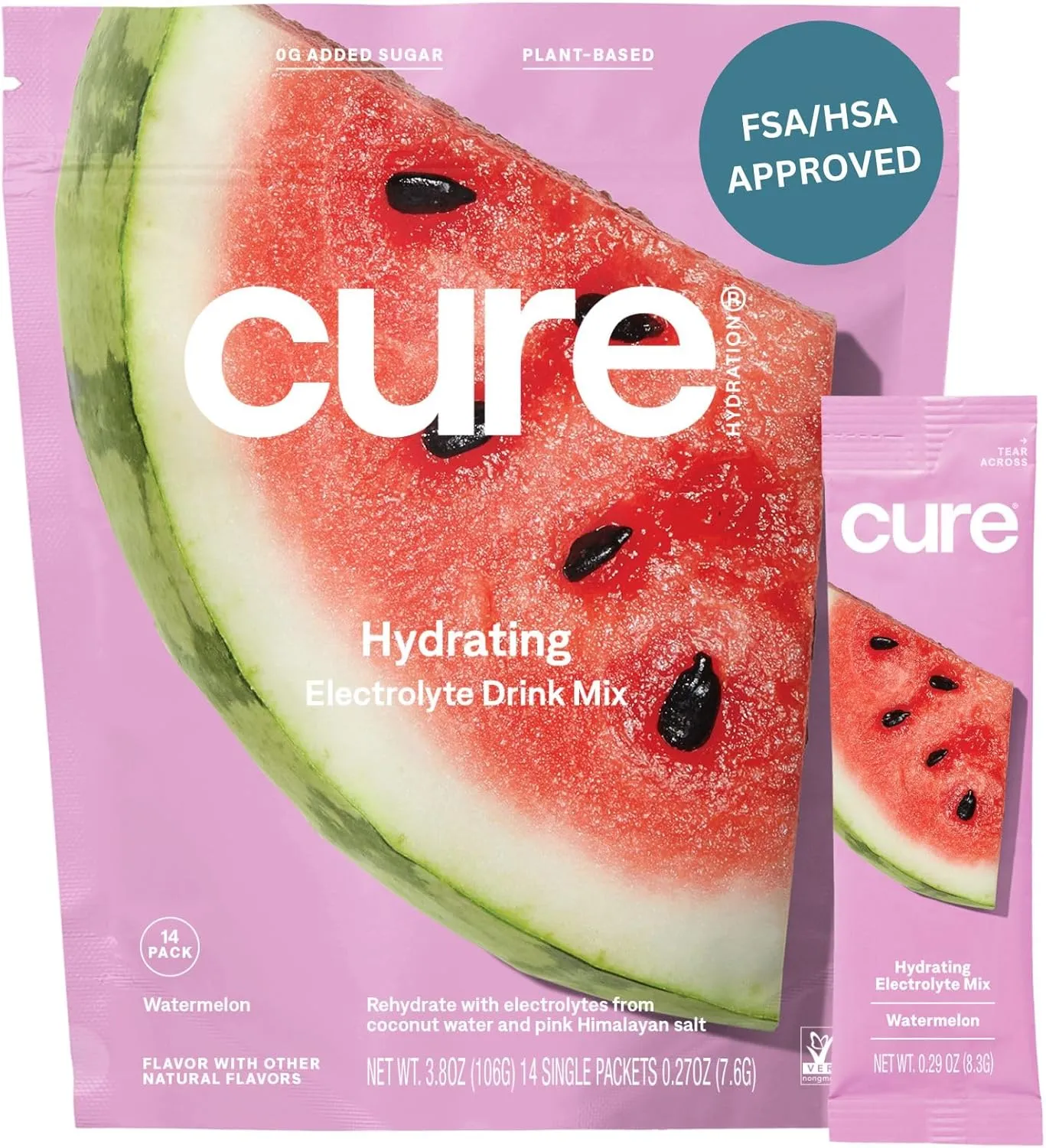 Cure Hydration | Plant-Based Electrolyte Drink Mix | No Added Sugar | FSA & HSA | Dehydration Relief Powder Made with Coconut Water | Non-GMO | Vegan | Pouch of 14 Packets - Watermelon