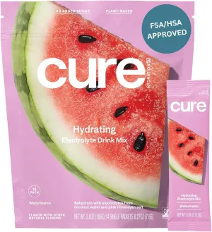 Cure Hydration | Plant-Based Electrolyte Drink Mix | No Added Sugar | FSA & HSA | Dehydration Relief Powder Made with Coconut Water | Non-GMO | Vegan | Pouch of 14 Packets - Watermelon
