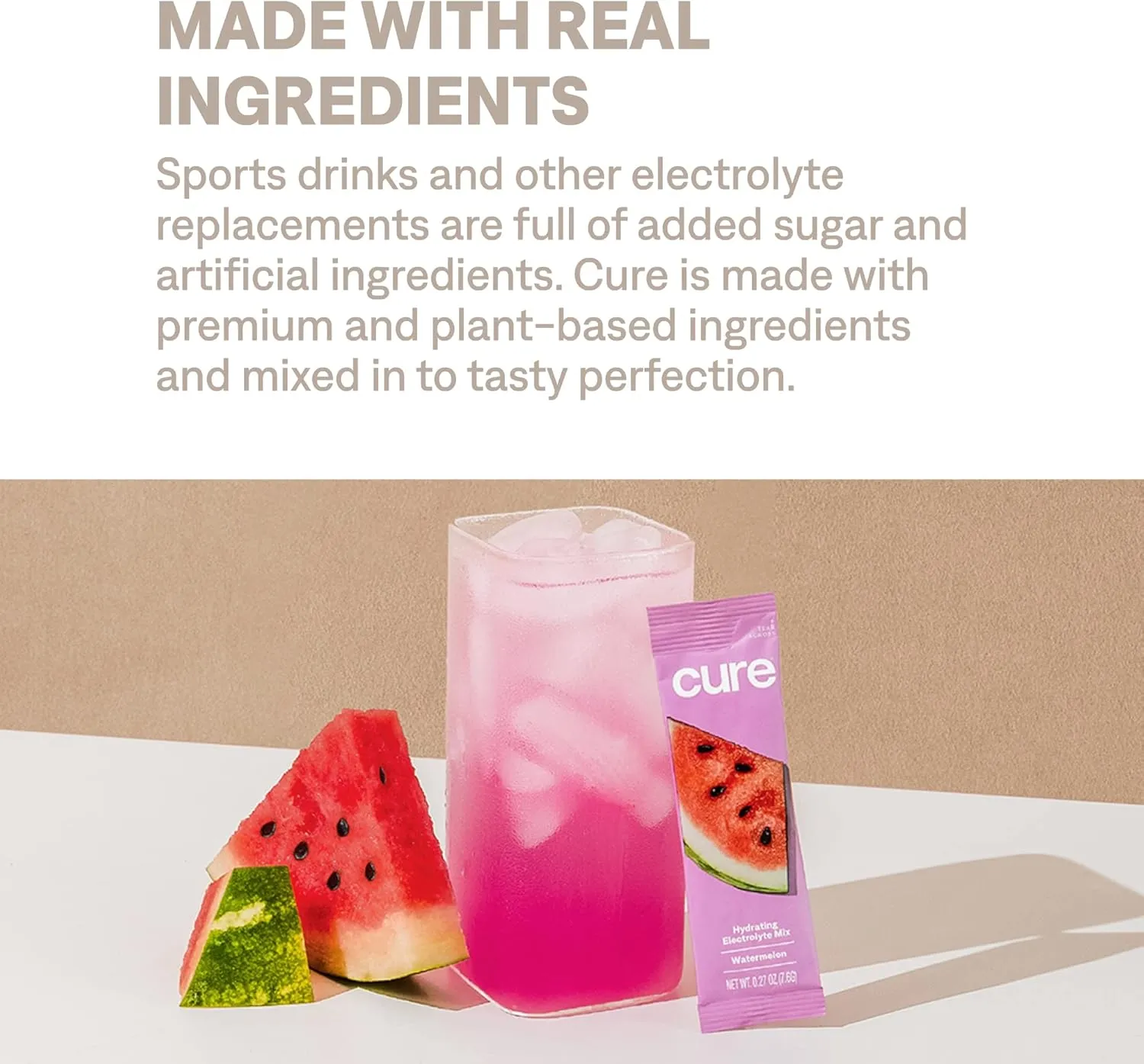 Cure Hydration | Plant-Based Electrolyte Drink Mix | No Added Sugar | FSA & HSA | Dehydration Relief Powder Made with Coconut Water | Non-GMO | Vegan | Pouch of 14 Packets - Watermelon