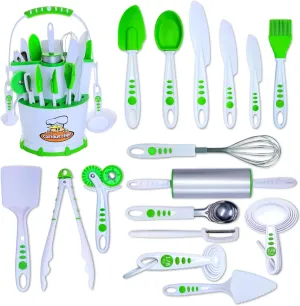 Curious Chef 30-Piece Caddy Cookware, White/Green, Dishwasher Safe, BPA-Free Plastic, Includes Real Cooking Utensils - Rolling Pin, Spoons, Whisk, Knives, Measuring Cups, Vegetable Peeler & More