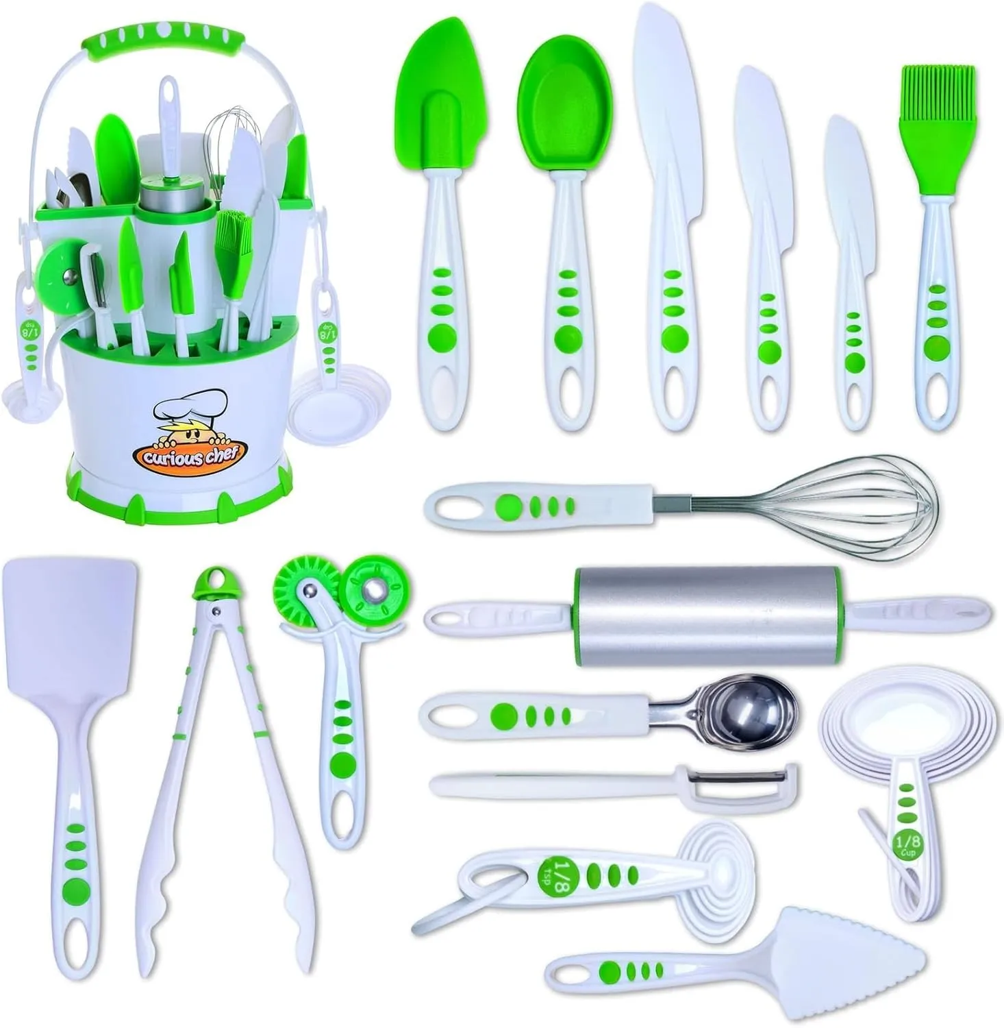 Curious Chef 30-Piece Caddy Cookware, White/Green, Dishwasher Safe, BPA-Free Plastic, Includes Real Cooking Utensils - Rolling Pin, Spoons, Whisk, Knives, Measuring Cups, Vegetable Peeler & More