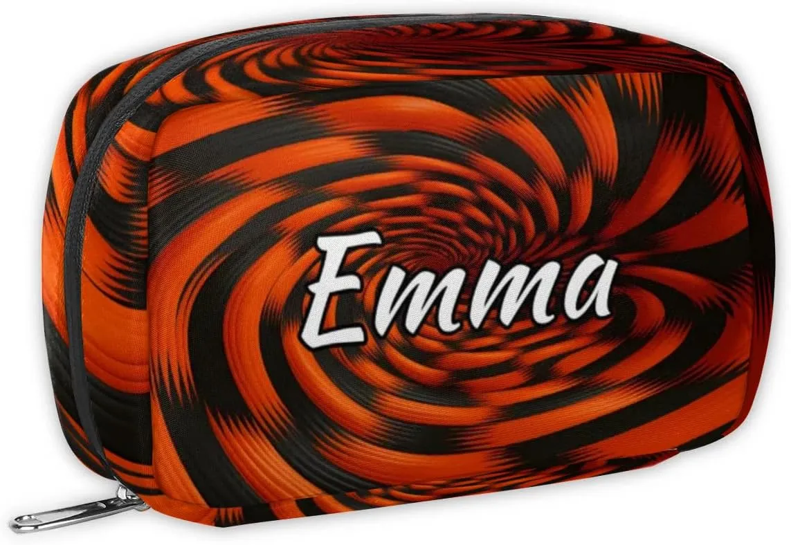Custom Name Cosmetic Bag, Rotary Print Personalized Bridesmaid Makeup Bag, Personalised Gift for Bridesmaid, Black Orange Pattern Travel Makeup Bag, Bridesmaid Gifts, Organizer