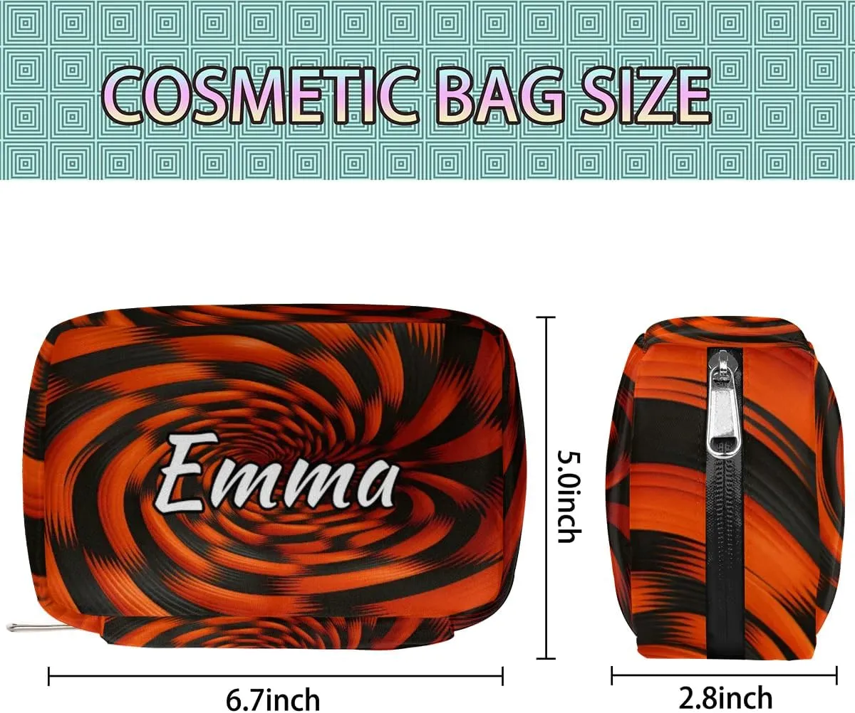 Custom Name Cosmetic Bag, Rotary Print Personalized Bridesmaid Makeup Bag, Personalised Gift for Bridesmaid, Black Orange Pattern Travel Makeup Bag, Bridesmaid Gifts, Organizer