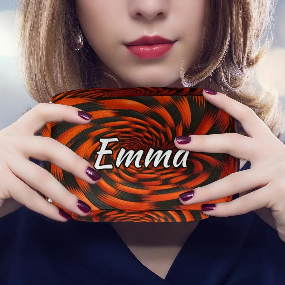 Custom Name Cosmetic Bag, Rotary Print Personalized Bridesmaid Makeup Bag, Personalised Gift for Bridesmaid, Black Orange Pattern Travel Makeup Bag, Bridesmaid Gifts, Organizer