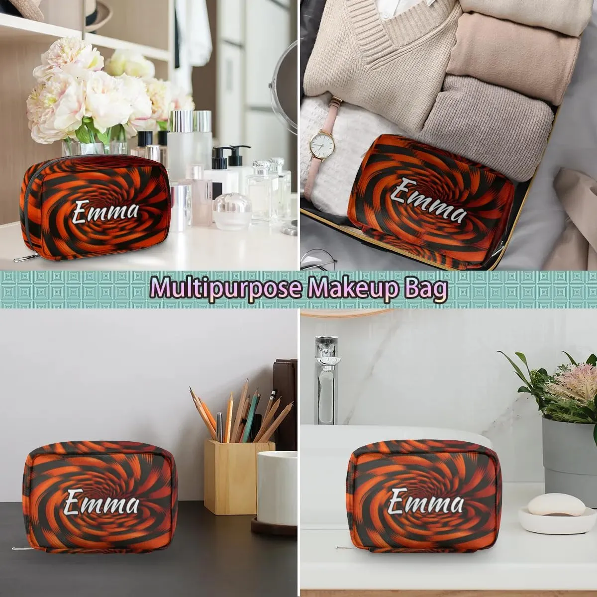 Custom Name Cosmetic Bag, Rotary Print Personalized Bridesmaid Makeup Bag, Personalised Gift for Bridesmaid, Black Orange Pattern Travel Makeup Bag, Bridesmaid Gifts, Organizer