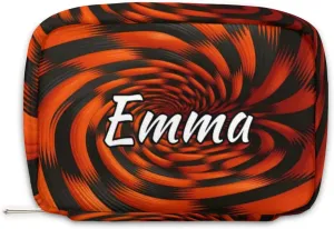Custom Name Cosmetic Bag, Rotary Print Personalized Bridesmaid Makeup Bag, Personalised Gift for Bridesmaid, Black Orange Pattern Travel Makeup Bag, Bridesmaid Gifts, Organizer
