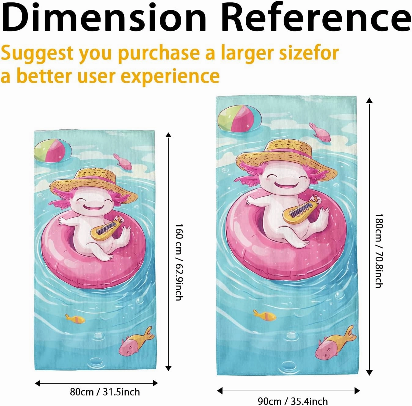 Cute Peach Axolotl Beach Towel Microfiber Extra Large Cartoon Character Pool Towel, Quick Dry Absorbent Sand Free Lightweight Blanket, Summer Vacation Picnic Essentials 62x31 Inch