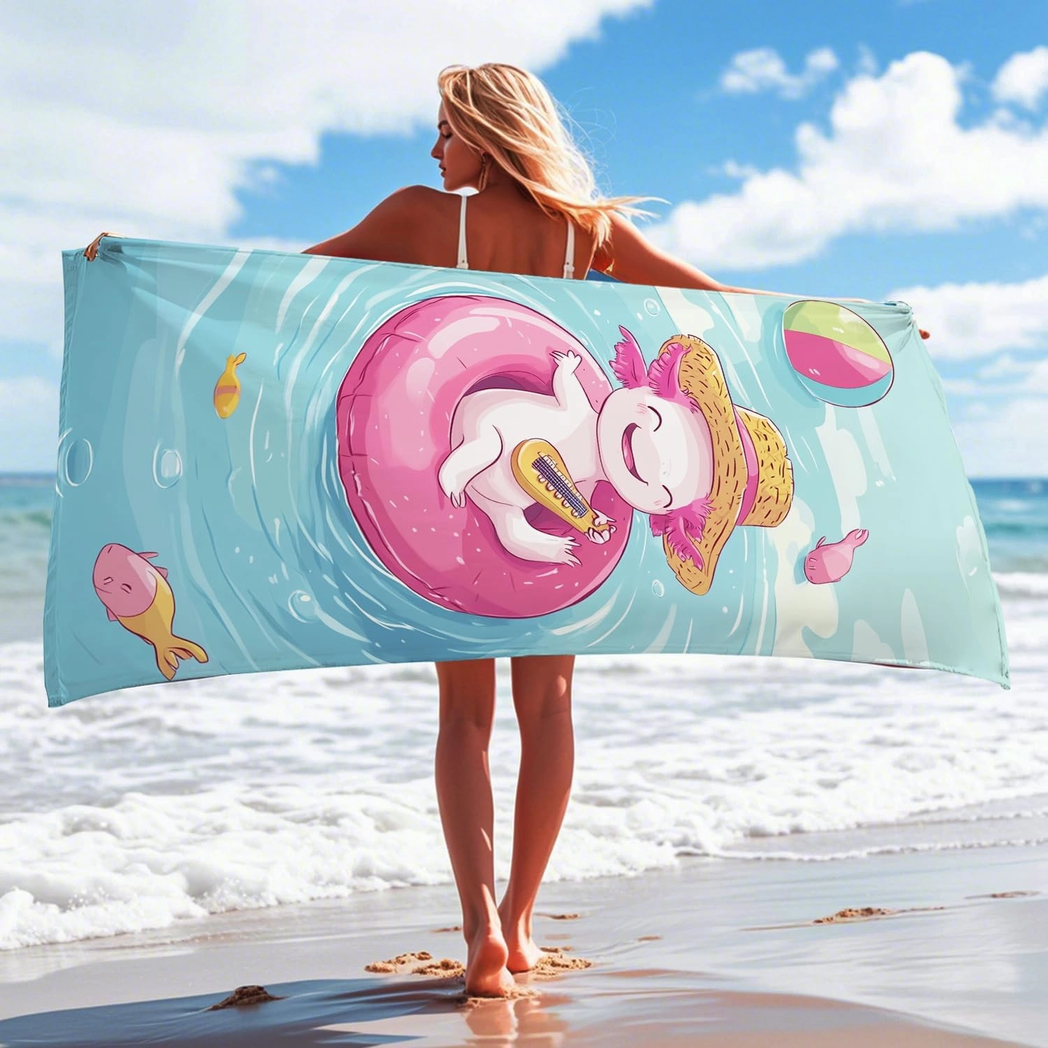 Cute Peach Axolotl Beach Towel Microfiber Extra Large Cartoon Character Pool Towel, Quick Dry Absorbent Sand Free Lightweight Blanket, Summer Vacation Picnic Essentials 62x31 Inch