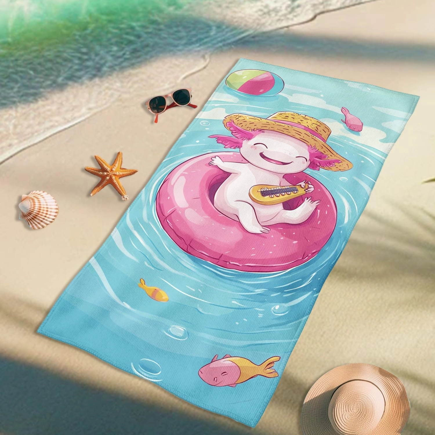 Cute Peach Axolotl Beach Towel Microfiber Extra Large Cartoon Character Pool Towel, Quick Dry Absorbent Sand Free Lightweight Blanket, Summer Vacation Picnic Essentials 62x31 Inch