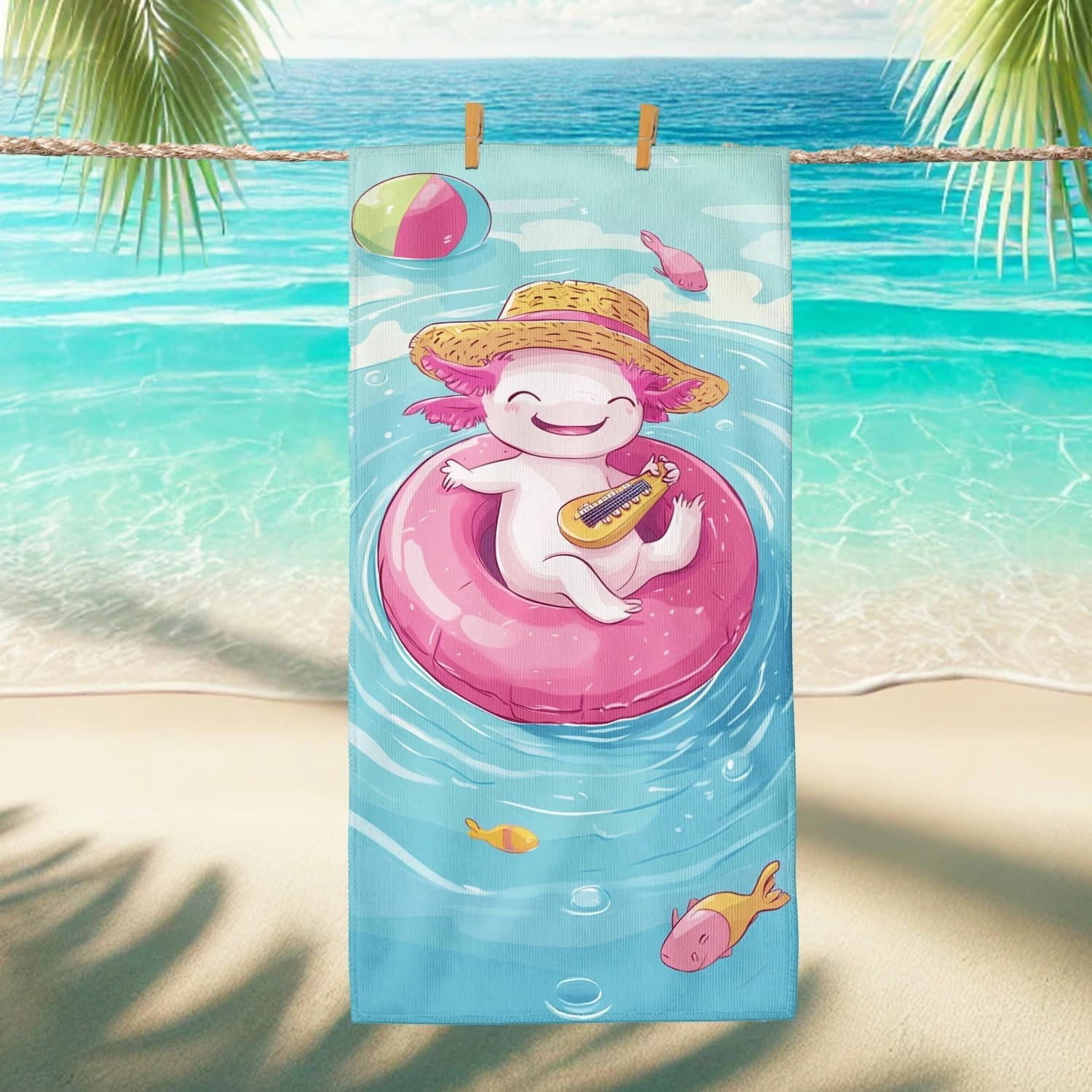 Cute Peach Axolotl Beach Towel Microfiber Extra Large Cartoon Character Pool Towel, Quick Dry Absorbent Sand Free Lightweight Blanket, Summer Vacation Picnic Essentials 62x31 Inch