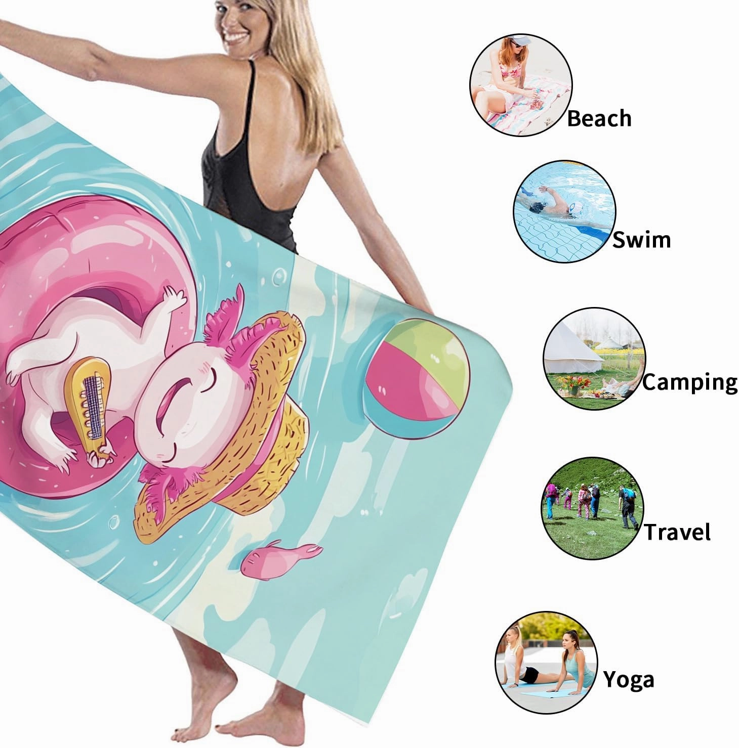 Cute Peach Axolotl Beach Towel Microfiber Extra Large Cartoon Character Pool Towel, Quick Dry Absorbent Sand Free Lightweight Blanket, Summer Vacation Picnic Essentials 62x31 Inch