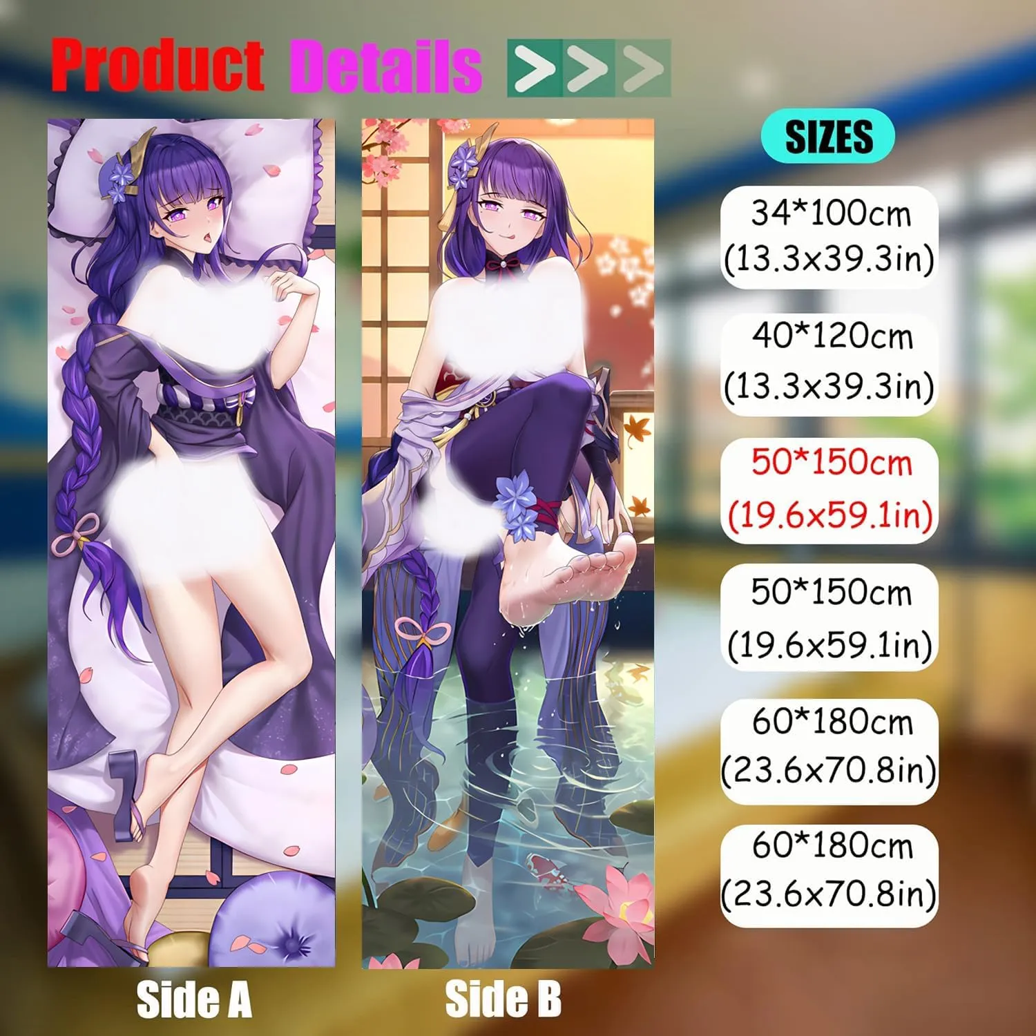 Dakimakura Anime Genshin Impact Hugging Body Pillow Case, 19""x59"" Throw Pillow Cover, Double-Sided Print Bedding Decorative Pillowcase (Raiden Shogun), FA12K