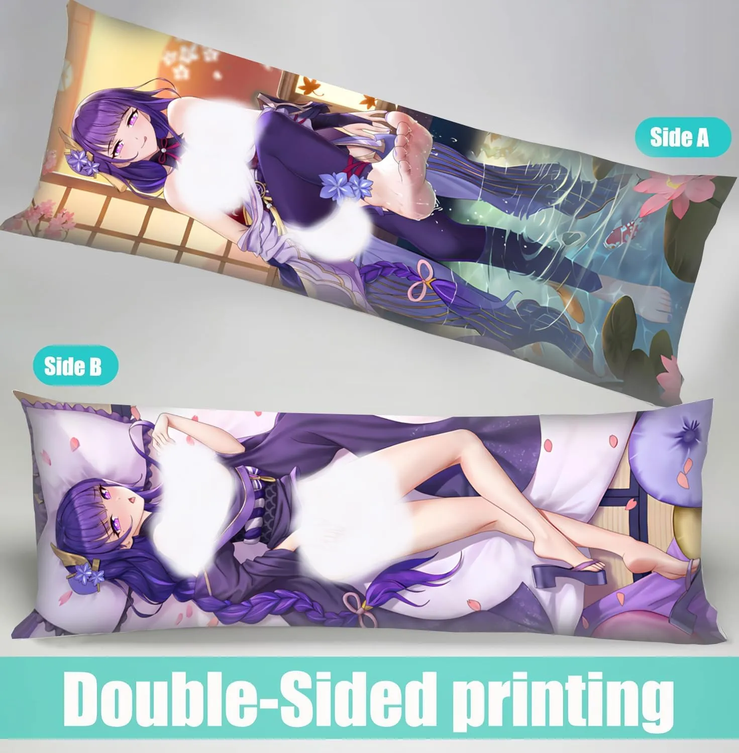 Dakimakura Anime Genshin Impact Hugging Body Pillow Case, 19""x59"" Throw Pillow Cover, Double-Sided Print Bedding Decorative Pillowcase (Raiden Shogun), FA12K