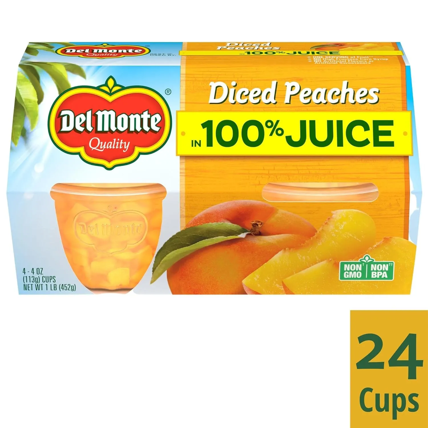 DEL MONTE Diced Peaches FRUIT CUP Snacks in 100% Fruit Juice, 24 Pack, 4 oz Cup
