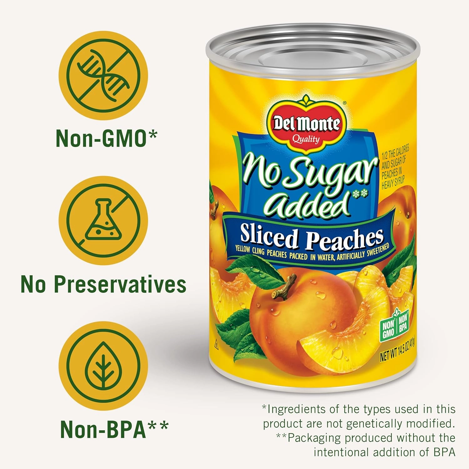 Del Monte No Sugar Added Yellow Cling Sliced Canned Peaches, 14.5 oz Can (Pack of 12)