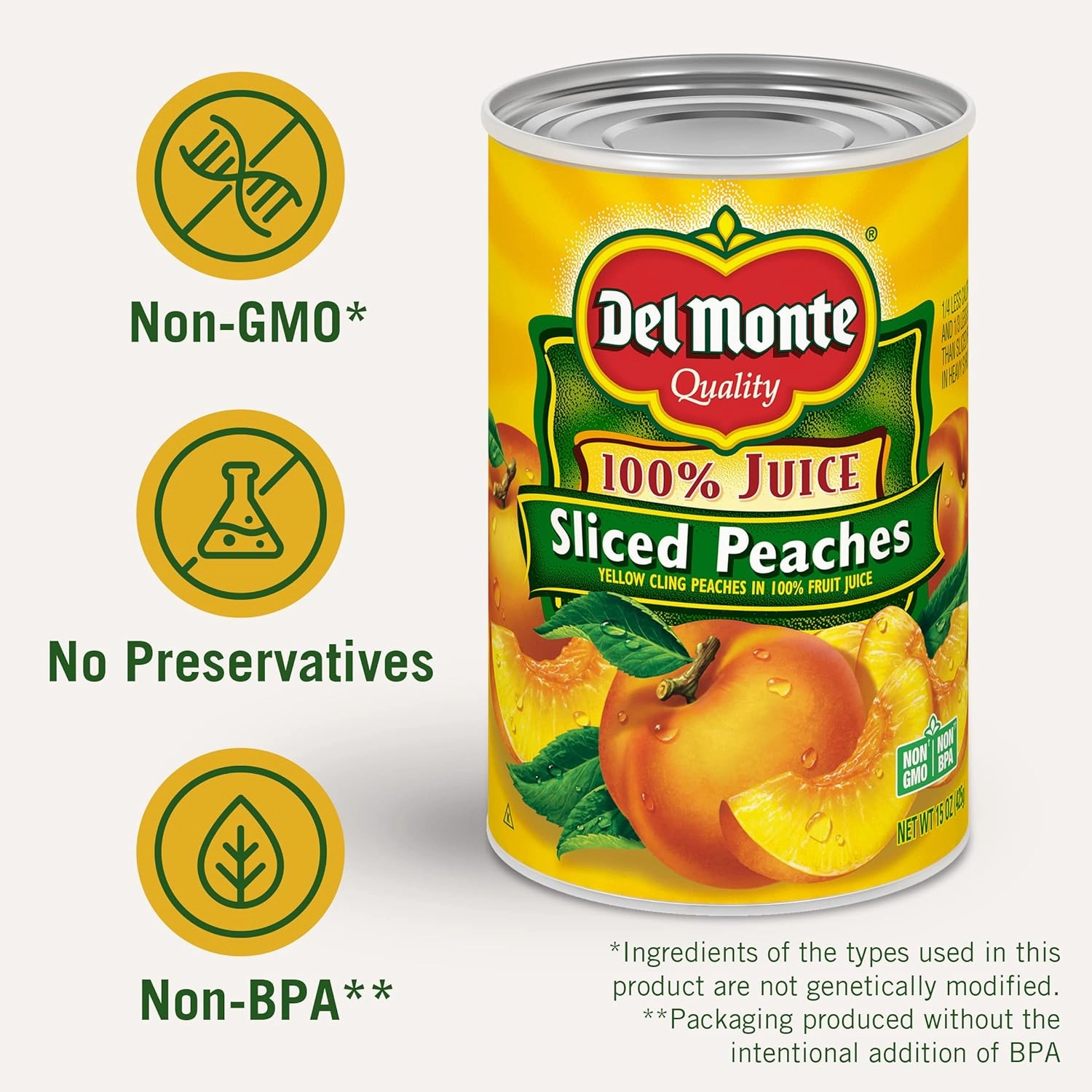 Del Monte Yellow Cling Sliced Canned Peaches in 100% Juice, 15 oz Can (Pack of 12 Cans)