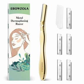 Dermaplane Razor for Women Face with 6 Refill Blades, Dermaplaning Tool Face Razors for Removes Facial Hair, Peach Fuzz, Reusable Metal Handle Eyebrow Razor (Royal Gold)