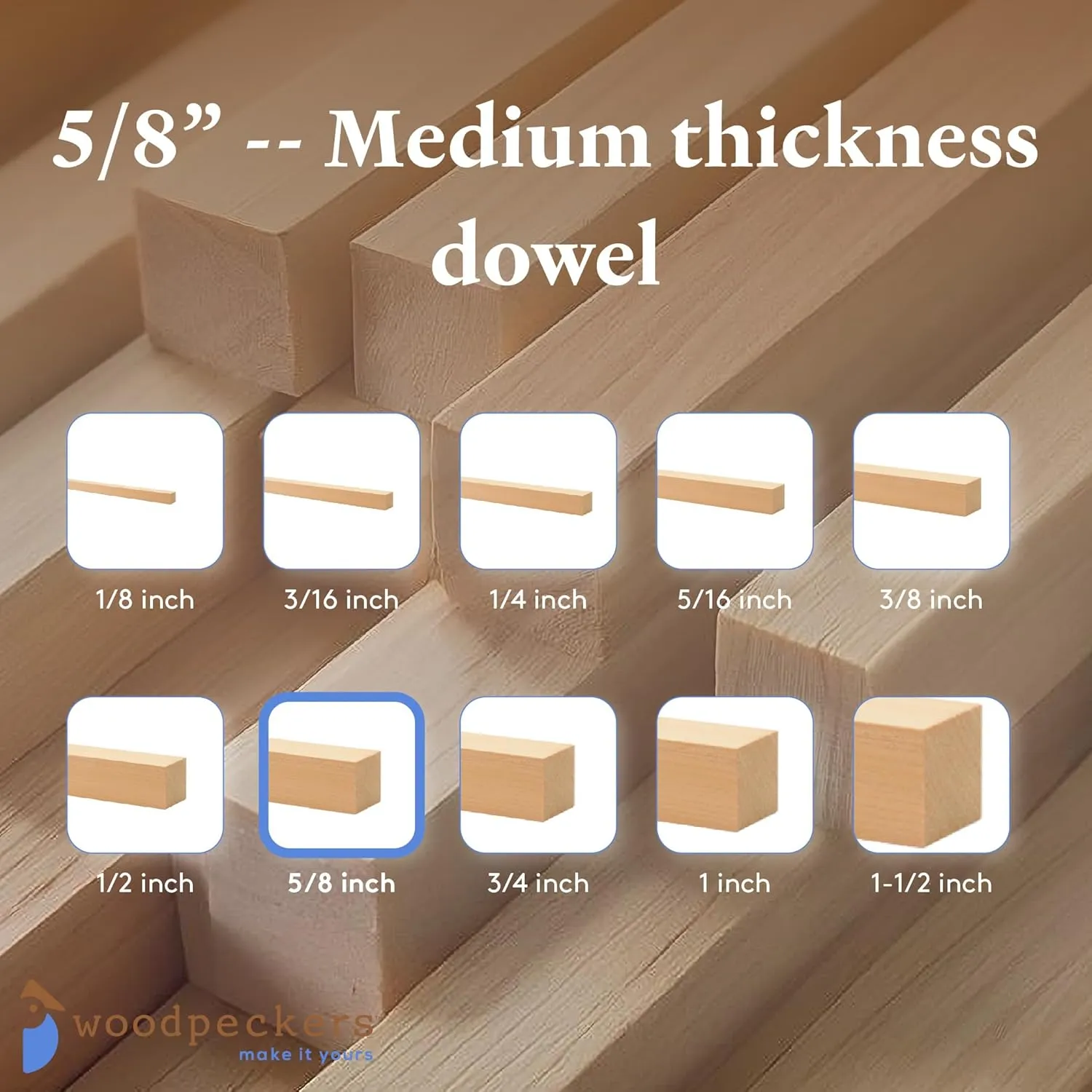 DIY Wooden Square Dowel Rod 5/8-inch x 36 Pack of 5 Hobby Wood Sticks for Crafts, Wood Trim & Architecture Model Making, by Woodpeckers
