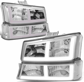 DNA MOTORING HL-LB4-CSIL03-CH-CL1 F-LED DRL Headlights Compatible with 03-06 Silverado Avalanche 1500 2500, Fit Models without Factory Cladding ONLY,Chrome/Clear