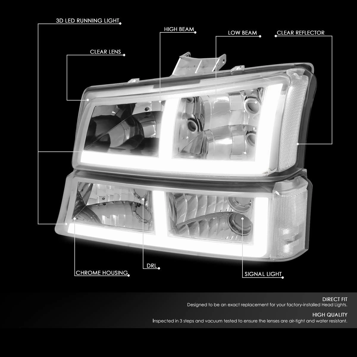 DNA MOTORING HL-LB4-CSIL03-CH-CL1 F-LED DRL Headlights Compatible with 03-06 Silverado Avalanche 1500 2500, Fit Models without Factory Cladding ONLY,Chrome/Clear