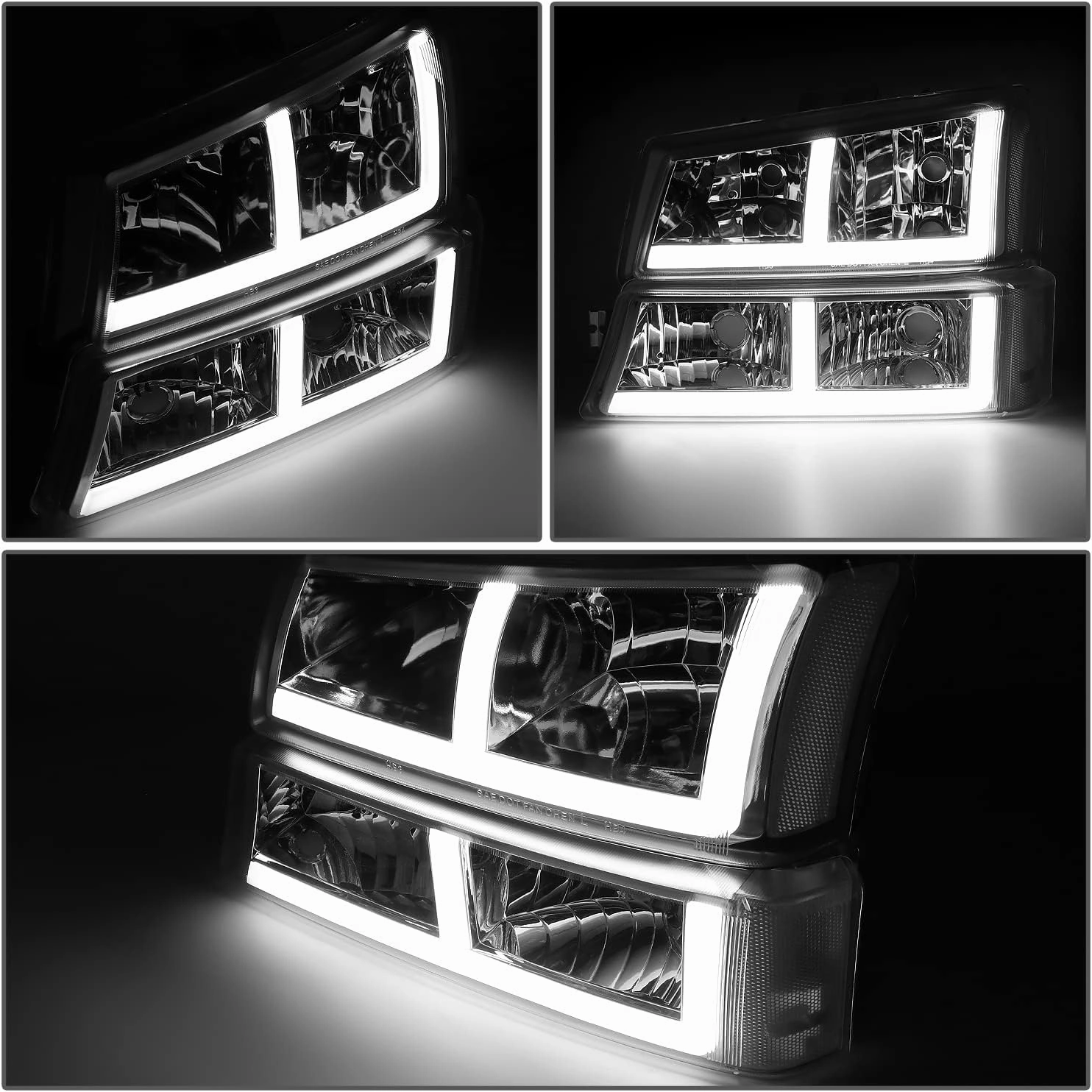 DNA MOTORING HL-LB4-CSIL03-CH-CL1 F-LED DRL Headlights Compatible with 03-06 Silverado Avalanche 1500 2500, Fit Models without Factory Cladding ONLY,Chrome/Clear