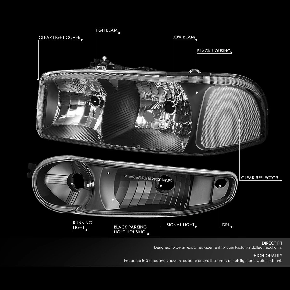 DNA MOTORING HL-OH-DAN994P-BK-CL1 Black Housing Clear Lens Headlights Compatible with 02-06 GMC Sierra 1500 Denali / 01 Sierra C3 / 07 Sierra 1500 Denali Classic / 01-06 Yukon Denali
