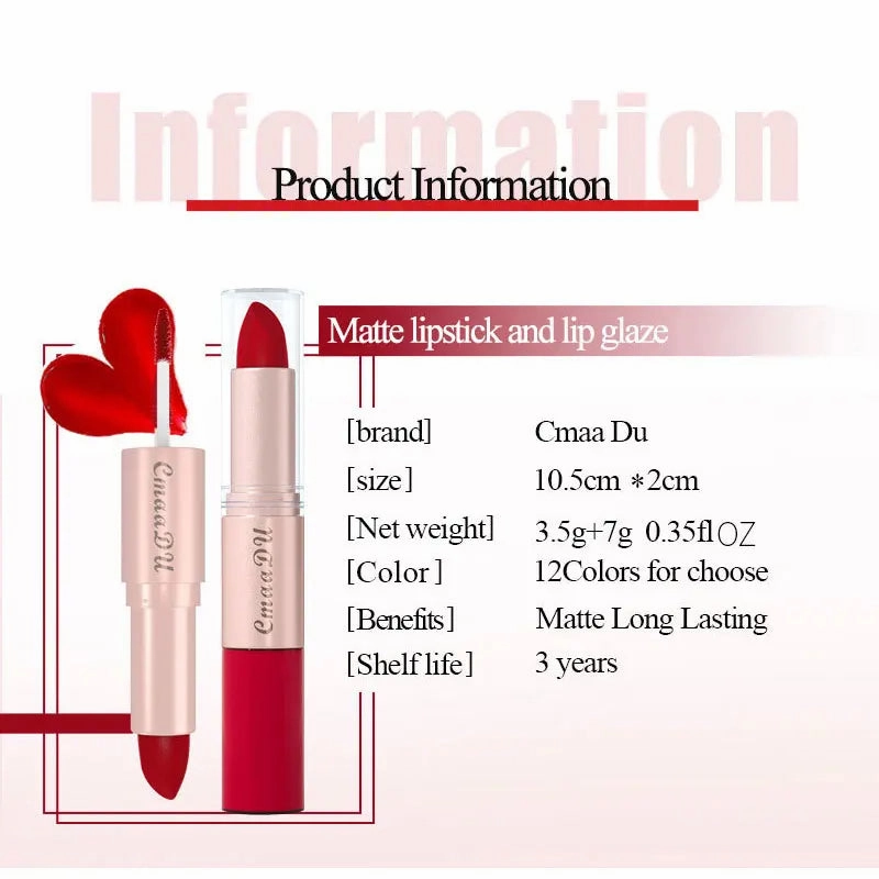 Double-Ended Matte & Gloss Lipstick – Waterproof Nude & Red Shades – Velvet Lip Tint   Glossy Balm Duo – Fashion Makeup Gift for Women