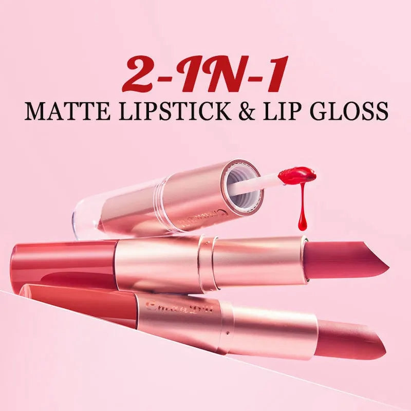 Double-Ended Matte & Gloss Lipstick – Waterproof Nude & Red Shades – Velvet Lip Tint   Glossy Balm Duo – Fashion Makeup Gift for Women