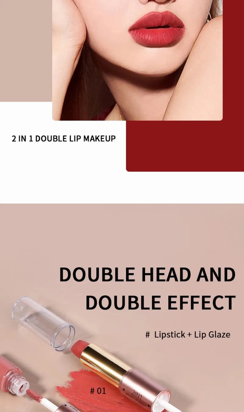 Double-Ended Matte & Gloss Lipstick – Waterproof Nude & Red Shades – Velvet Lip Tint   Glossy Balm Duo – Fashion Makeup Gift for Women
