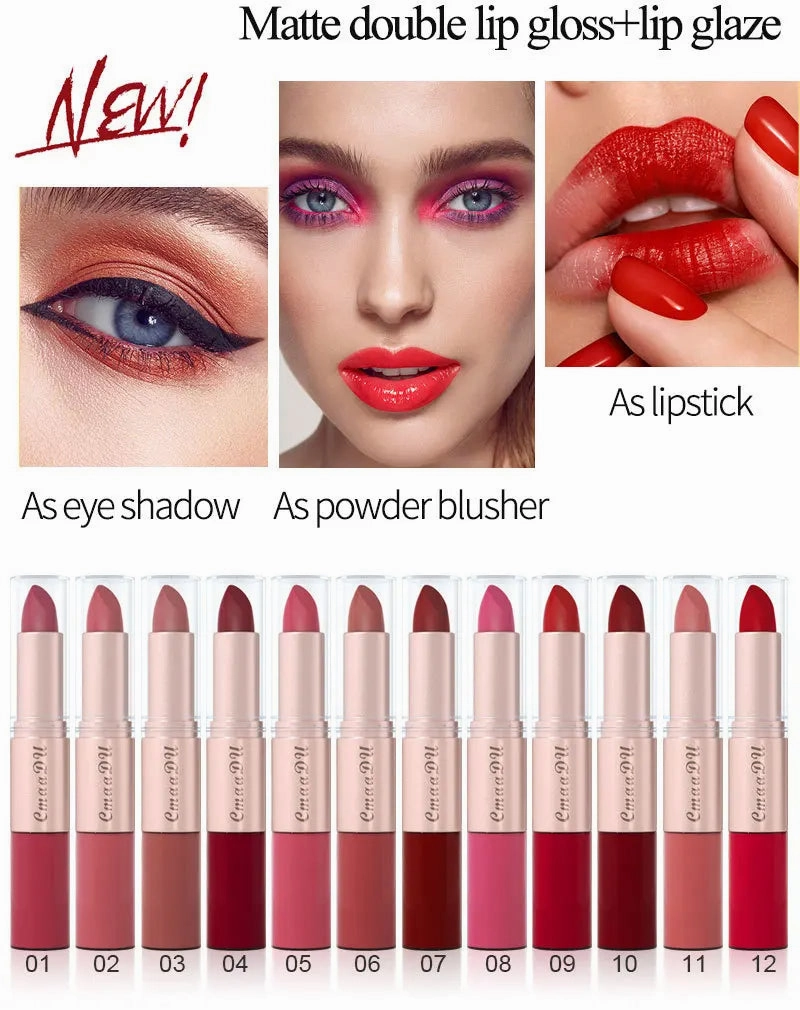 Double-Ended Matte & Gloss Lipstick – Waterproof Nude & Red Shades – Velvet Lip Tint   Glossy Balm Duo – Fashion Makeup Gift for Women