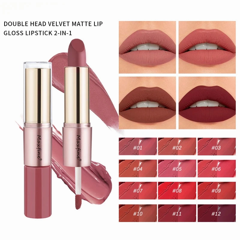 Double-Ended Matte & Gloss Lipstick – Waterproof Nude & Red Shades – Velvet Lip Tint   Glossy Balm Duo – Fashion Makeup Gift for Women