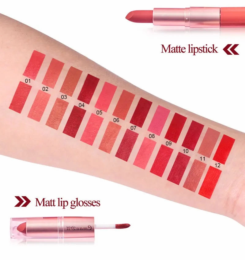 Double-Ended Matte & Gloss Lipstick – Waterproof Nude & Red Shades – Velvet Lip Tint   Glossy Balm Duo – Fashion Makeup Gift for Women