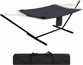 Double Hammock with Stand – 475LB Capacity Outdoor w/Anti-Flip Spreader Bar & Quick-Dry Fabric | Backyard, Camping & Poolside Relaxation (Dark Gray)
