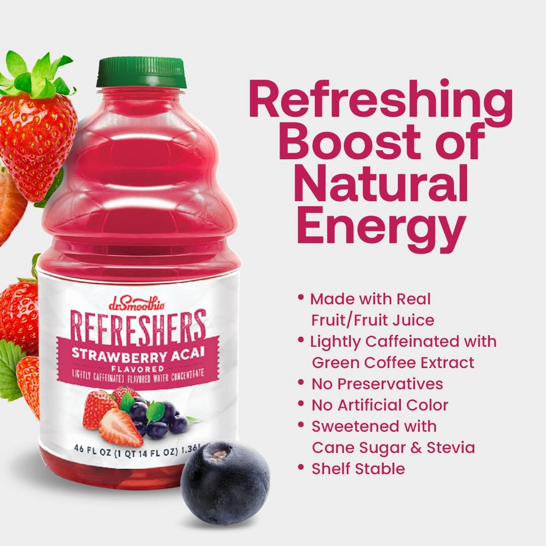 Dr. Smoothie Refreshers Strawberry Acai – Made with Real Fruit Juice – Drink Concentrate, No Artificial Colors, Shelf-Stable – Lightly Caffeinated with Green Coffee Extract (46 oz Bottle)