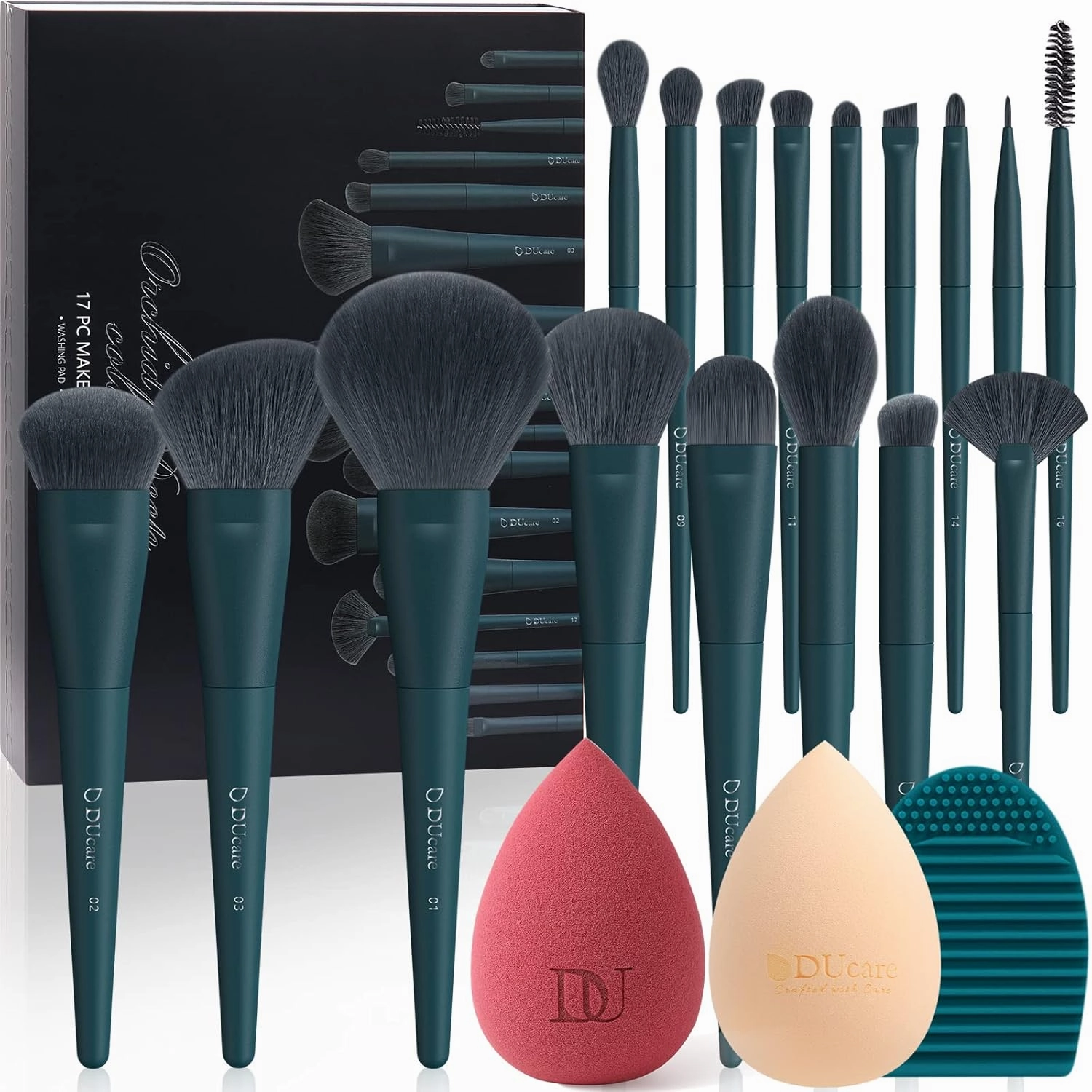 DUcare Makeup Brushes Set 17 Pcs with Brush Cleaning Mat and Makeup Sponge Professional Face Powder Eye Shadow Powder Liquid Cream Kit Gift Box