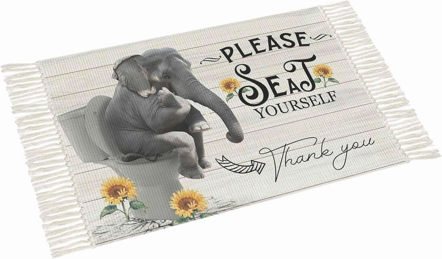 Elephant Large Runner Rug 4X6 Ft Living Room Area Rug, Washable Woven Throw Carpet with Tassel, Funny Animal Sit on Toilet Sunflower Wooden Non-Shedding Bedroom Office Carpets
