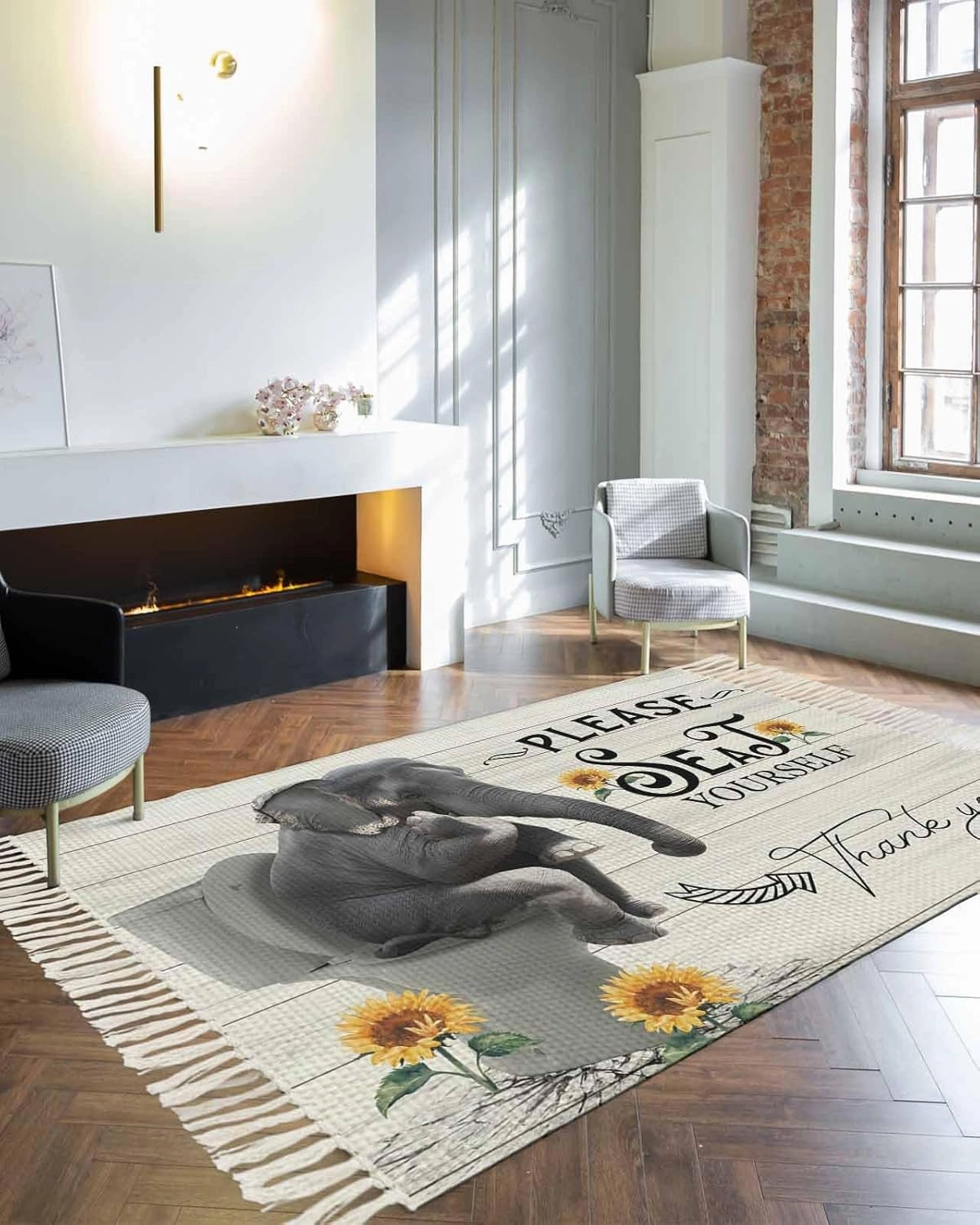 Elephant Large Runner Rug 4X6 Ft Living Room Area Rug, Washable Woven Throw Carpet with Tassel, Funny Animal Sit on Toilet Sunflower Wooden Non-Shedding Bedroom Office Carpets