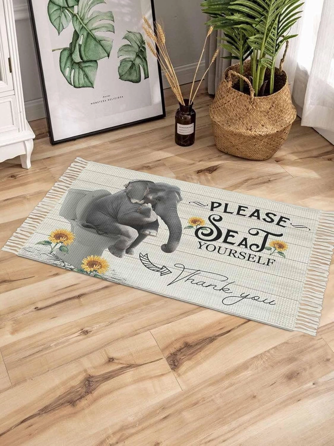 Elephant Large Runner Rug 4X6 Ft Living Room Area Rug, Washable Woven Throw Carpet with Tassel, Funny Animal Sit on Toilet Sunflower Wooden Non-Shedding Bedroom Office Carpets