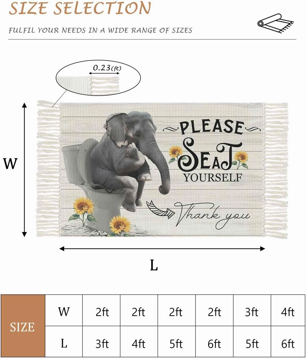 Elephant Large Runner Rug 4X6 Ft Living Room Area Rug, Washable Woven Throw Carpet with Tassel, Funny Animal Sit on Toilet Sunflower Wooden Non-Shedding Bedroom Office Carpets