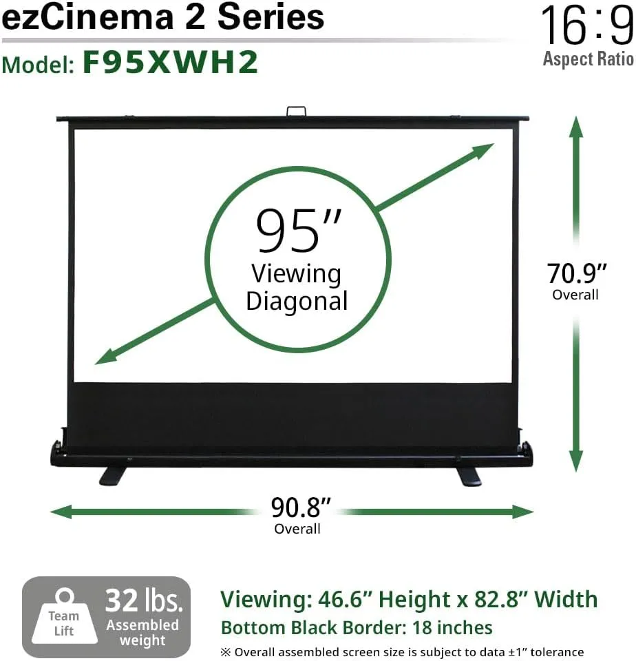 Elite Screens ezCinema 2, 95-inch 16:9 Manual Floor Pull Up Scissor Backed Projector Screen, Portable Home Office Classroom Front Projection w/ Carrying Bag, US Based Company 2-YEAR WARRANTY, F95XWH2