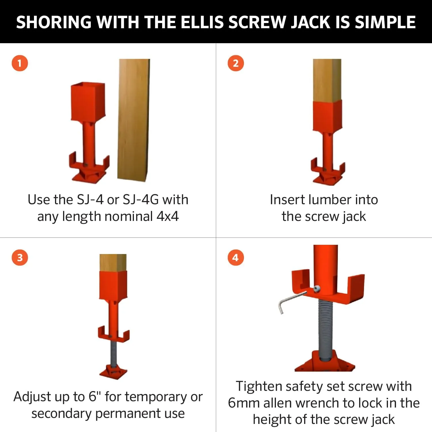 Ellis Manufacturing Adjustable Screw Jack - Ultra Strong Support Post, House Jack for Floor Leveling, Foundation, and Joist Stabilization - 15,000 Safe Load Capacity, 6” Adj. - Painted (4x4)