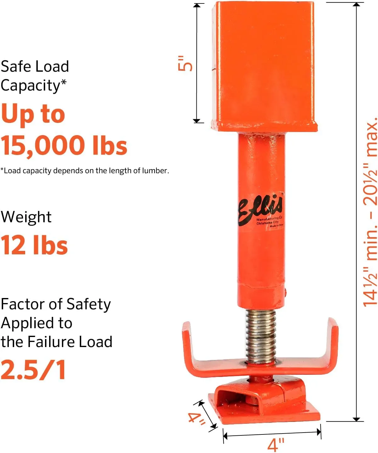 Ellis Manufacturing Adjustable Screw Jack - Ultra Strong Support Post, House Jack for Floor Leveling, Foundation, and Joist Stabilization - 15,000 Safe Load Capacity, 6” Adj. - Painted (4x4)